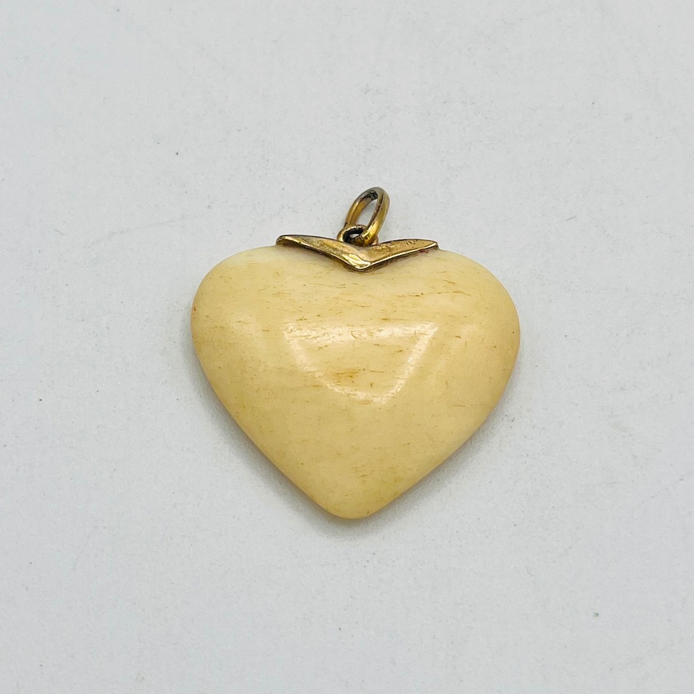 Vintage Cow Bone Heart Pendant Gold Tone Bail Charm Cream